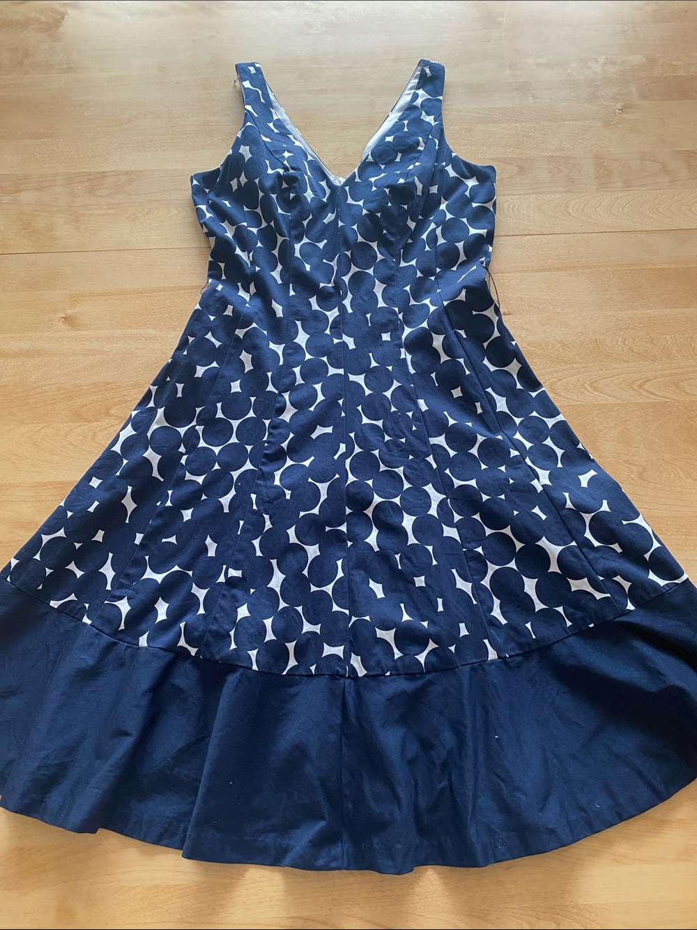 Nine West Navy and White Polka Dot V-Neck Fit-and-Flare Midi Dress